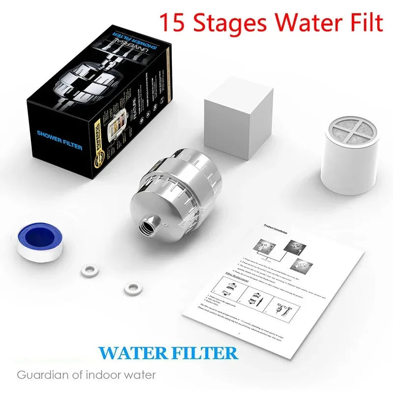 15-Stage Shower Head Filter – Activated Carbon, Removes Chlorine & Impurities, Softer Water for Hair & Skin