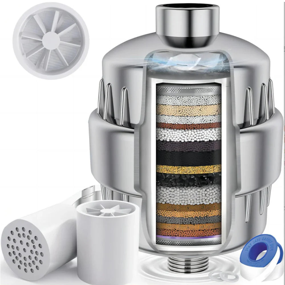15-Stage Shower Head Filter – Activated Carbon, Removes Chlorine & Impurities, Softer Water for Hair & Skin